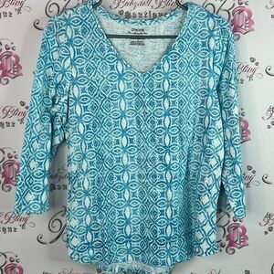 Chico's top long sleeve blue white Teal Geometric Women's Blouse